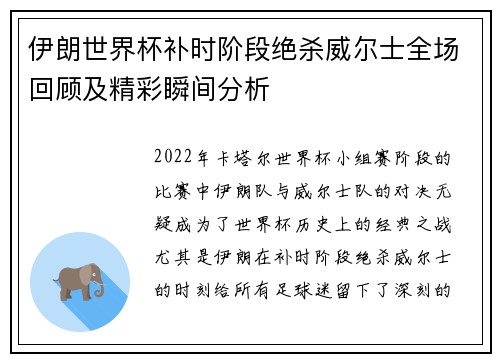伊朗世界杯补时阶段绝杀威尔士全场回顾及精彩瞬间分析